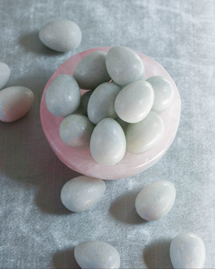 rose quartz crystal trinket dish with blue calcite eggs perfect for gifting