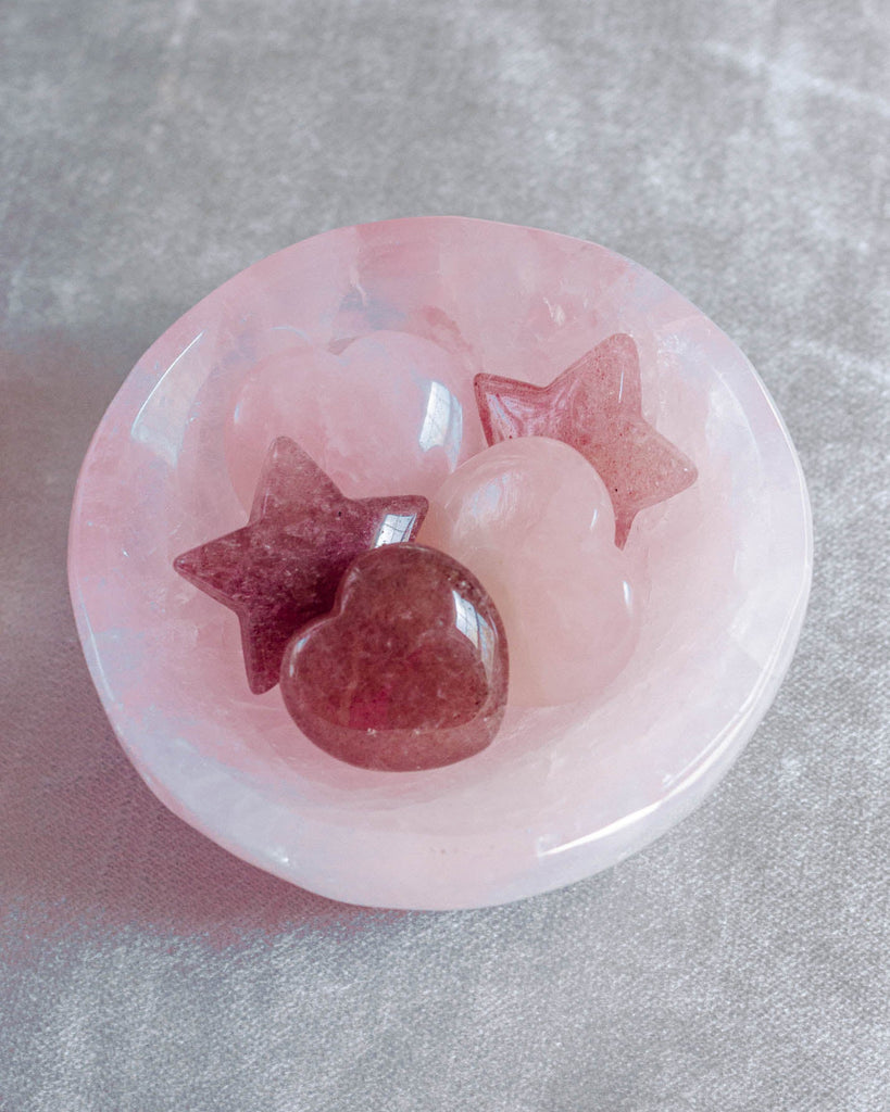 Crystal gift set with rose quartz, strawberry quartz and Blue Calcite gem stone with star and heart shapes 