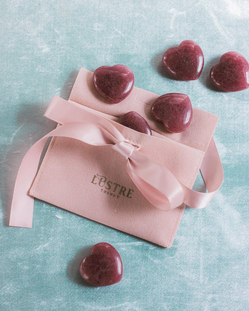 polished strawberry quartz crystal hearts gift set 