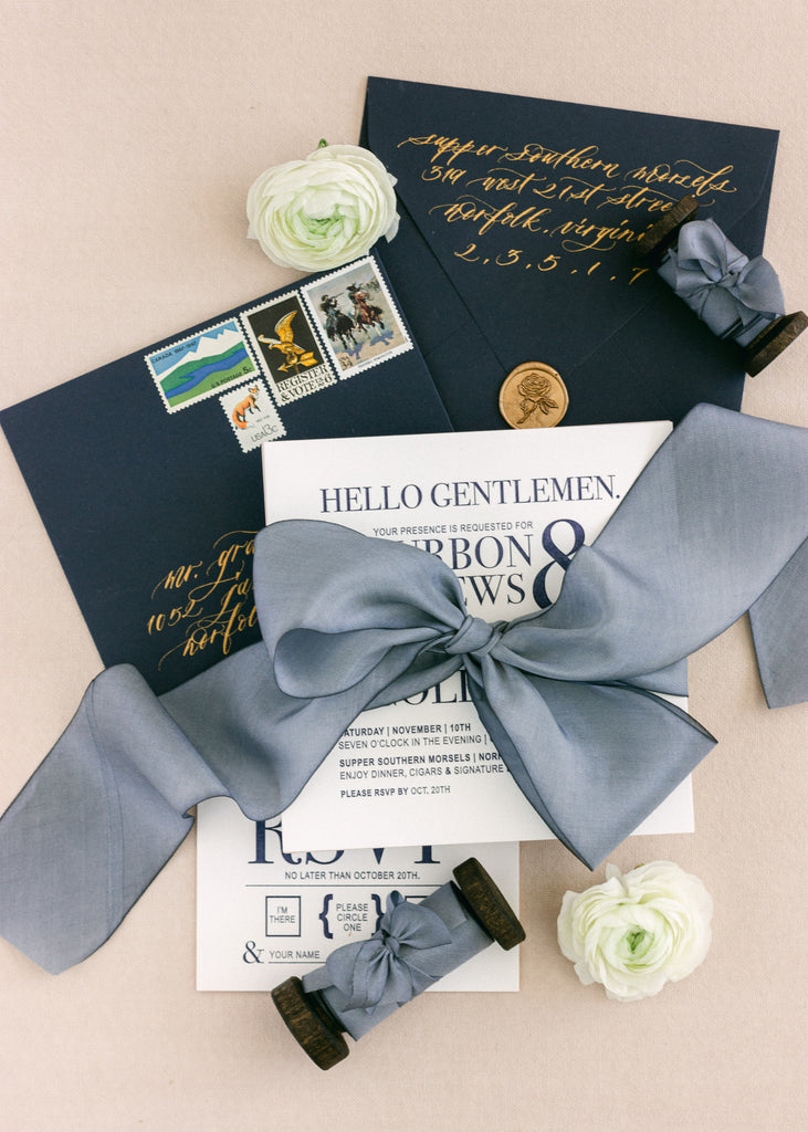 dusty blue silk ribbon for wedding stationery and invitations